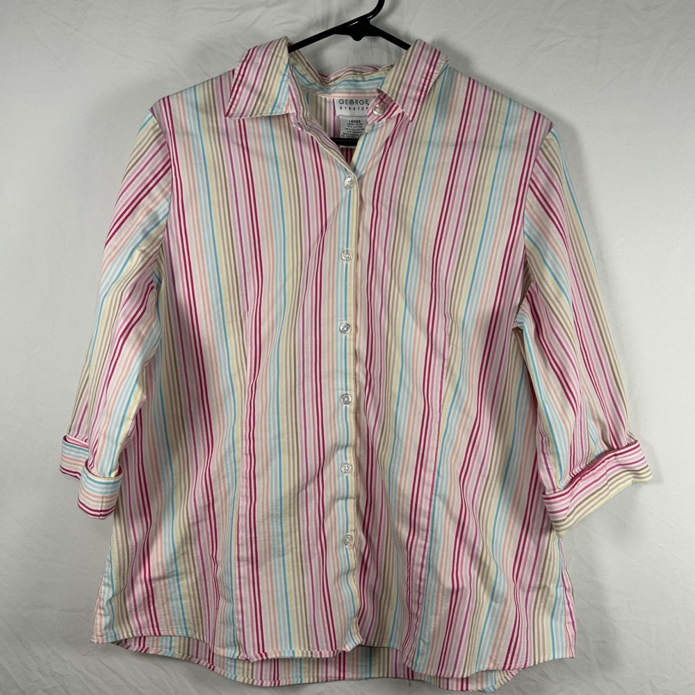 George Button Down Shirt Women L Multi Color Y2K Striped Stretch 3/4 Sleeve